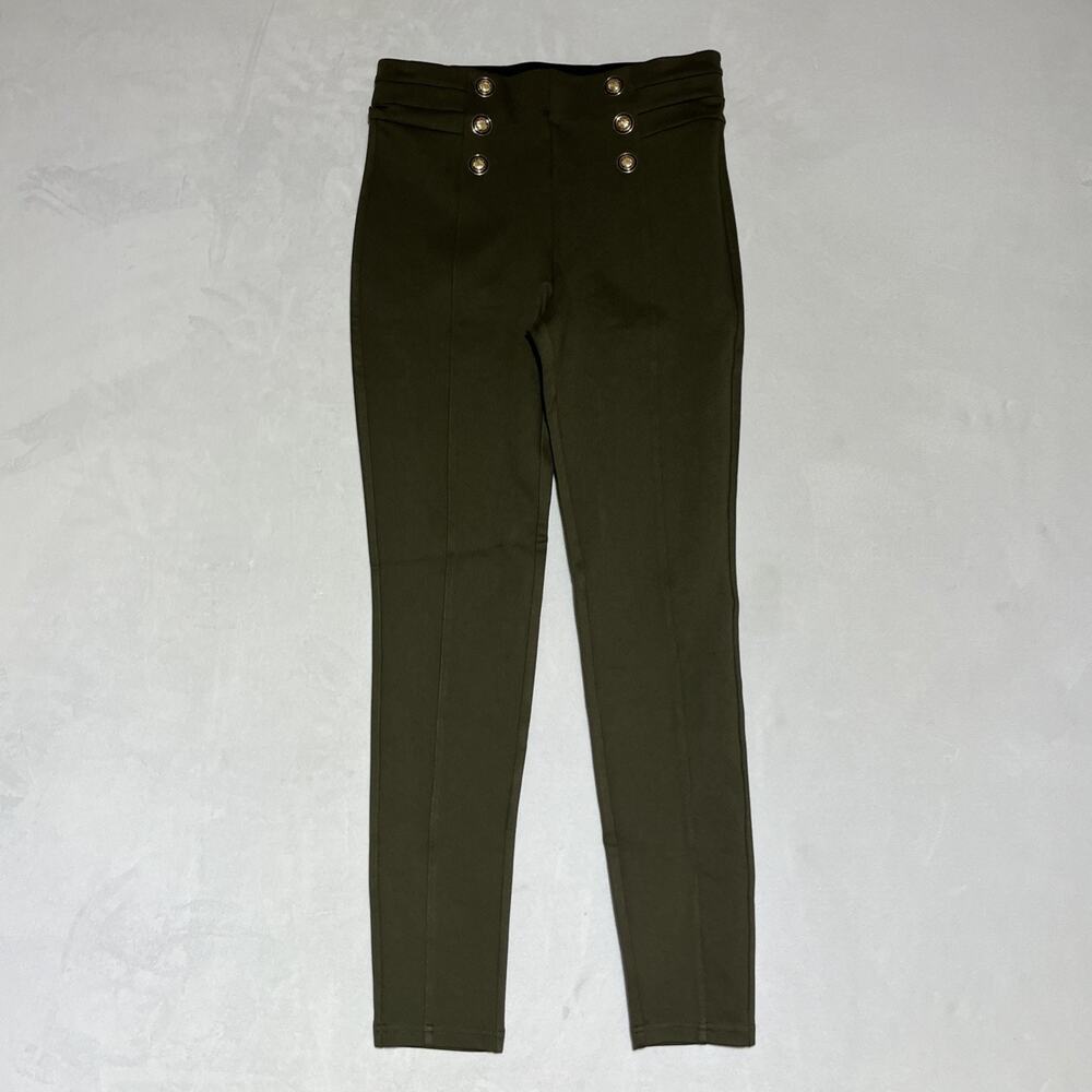 Zara Stretch Knit Skinny Pants Womens Medium Olive Green Gold Buttons Pull On